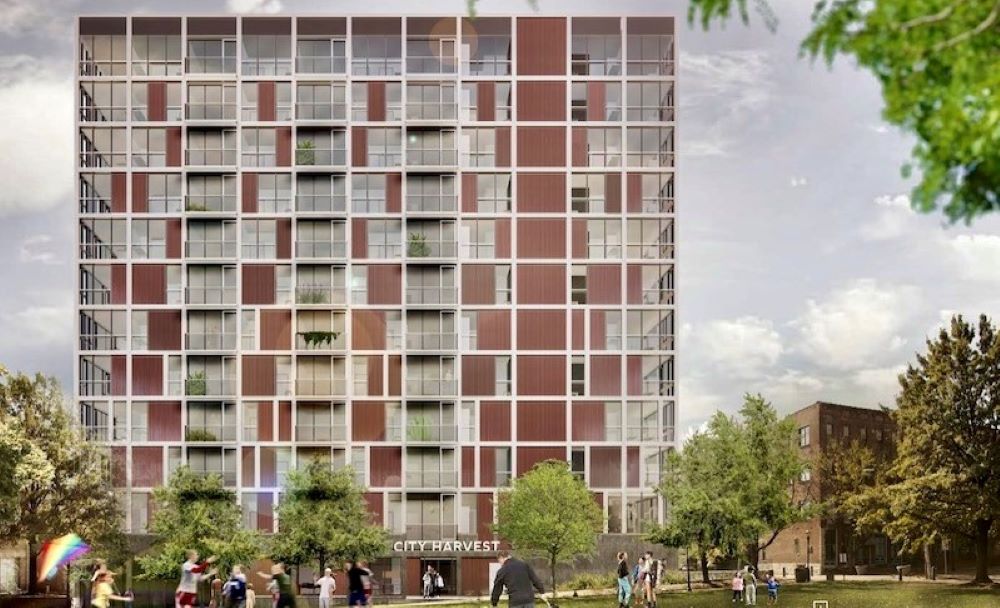 A view of the City Harvest project looking south from the small park in the City Market.