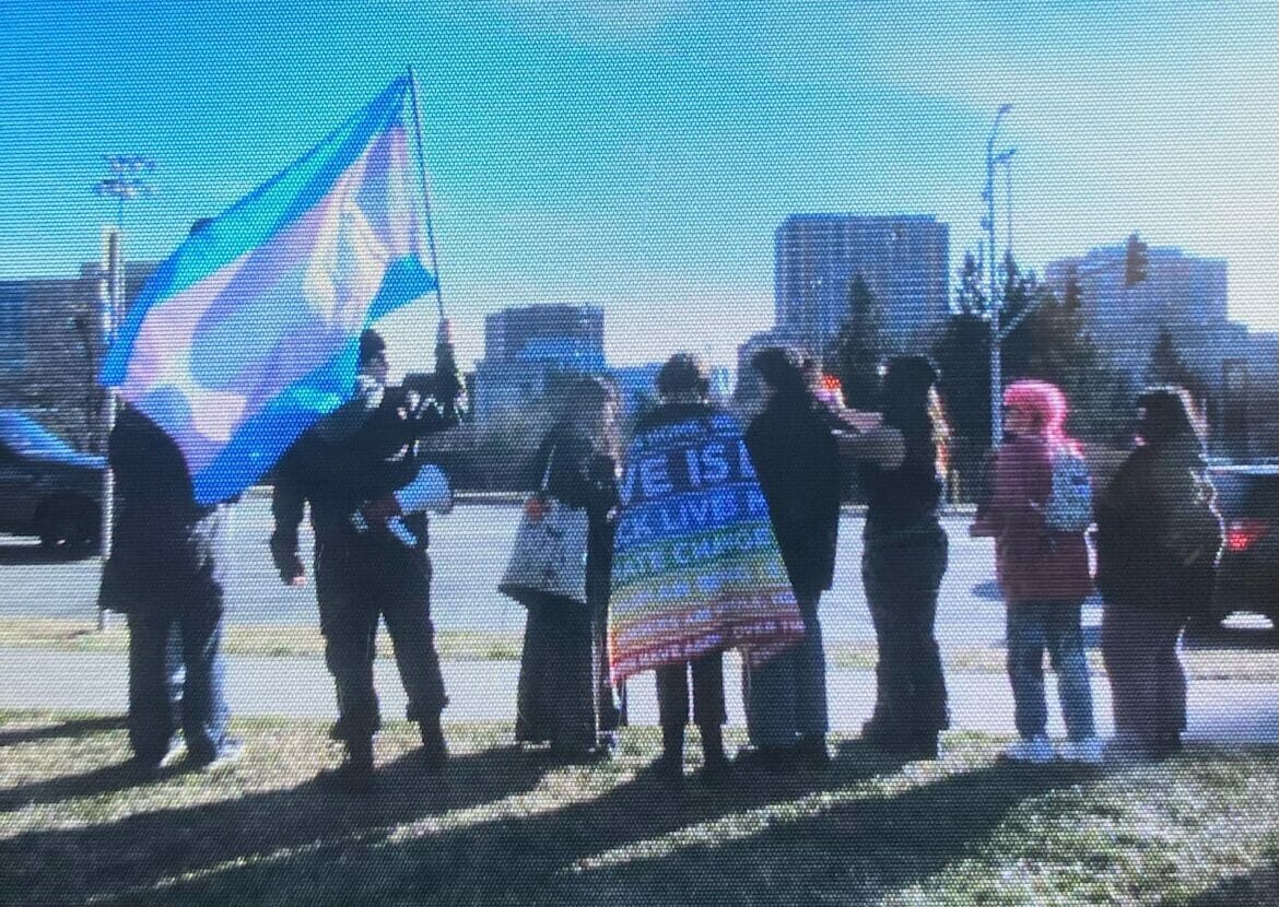 A group of high schoolers stand together, one holding a trans pride flag up in the air and a megaphone linked to their belt, another has a pride flat wrapped around their back with phrases such as "Love is Love" printed in white letters.