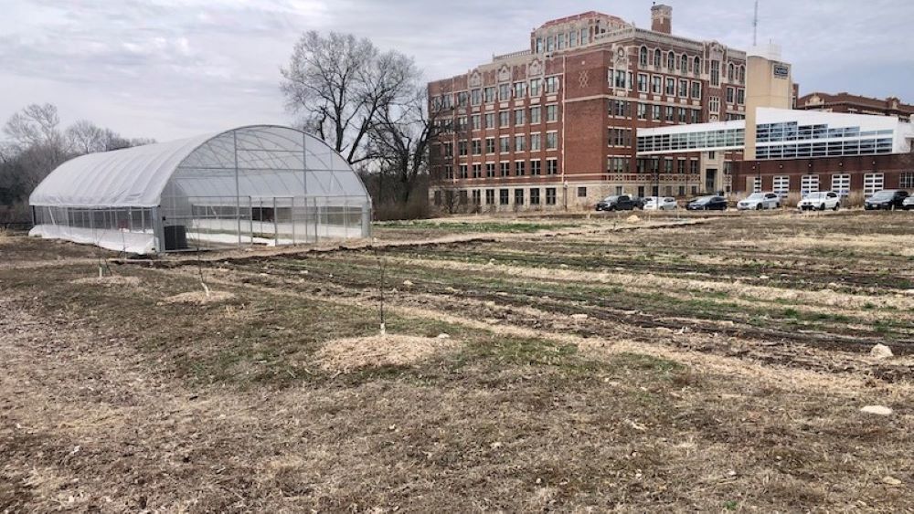 The new apartment project would replace the Westport Commons Farm operated by Cultivate KC. The former Westport Middle School, now Plexpod Westport at Park 39, is in the background.