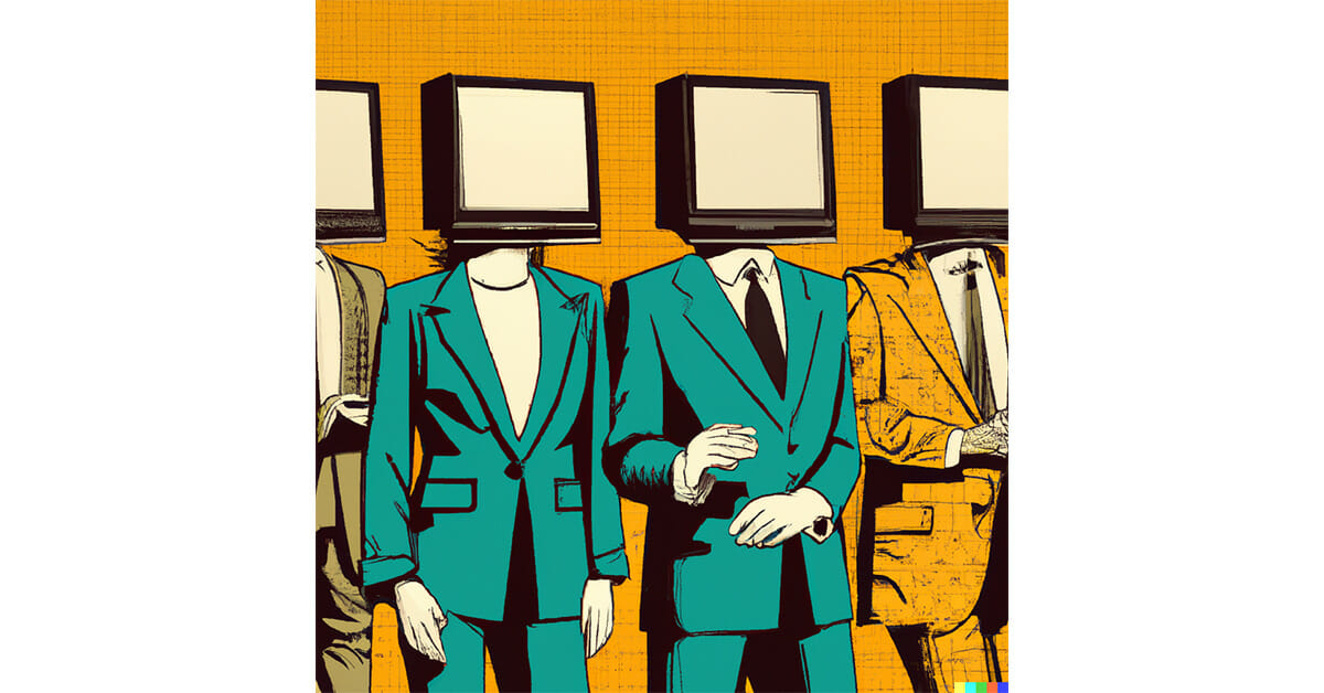 a drawing of people in suits with computers instead of heads.