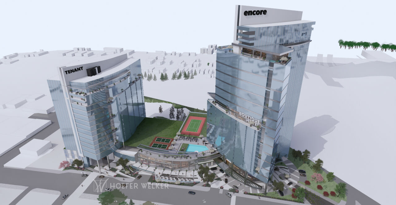 A major development being pursued on Broadway across from the Kauffman Center could include a 40-story apartment/hotel tower (right) in its first phase and a second tower later.