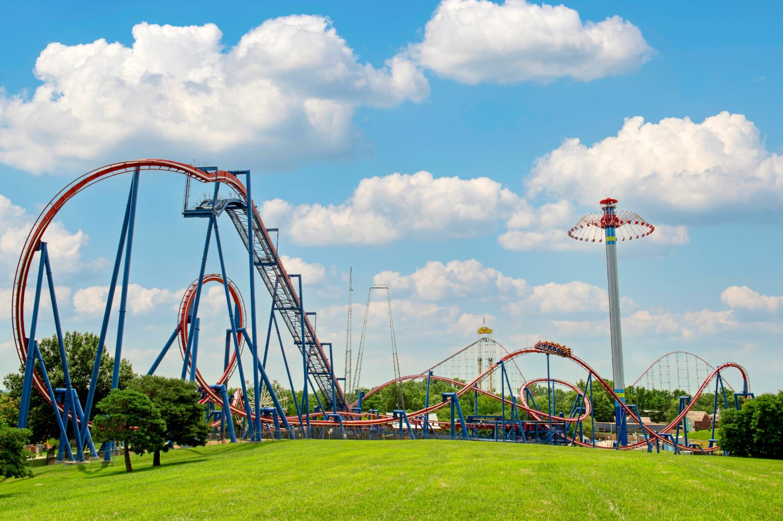 A wide shot of The Patriot rollercoaster at Worlds of Fun.