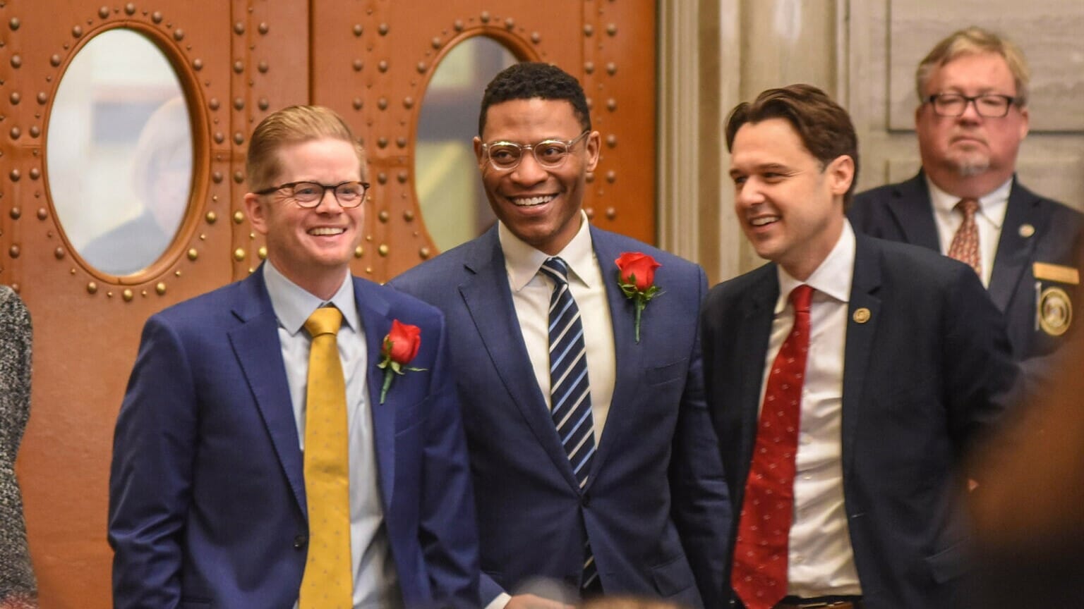 Senate President Pro Tem Caleb Rowden, R-Columbia, chats with Sen. Brian Williams, D-University City, and Senate Minority Leader John Rizzo, D-Independence, on the opening day of the 2023 session in January.