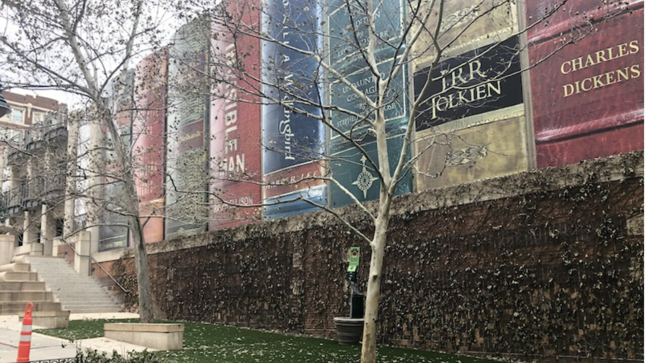 The parking garage at the Kansas City Public Library in downtown Kansas City features the spines of classic books.