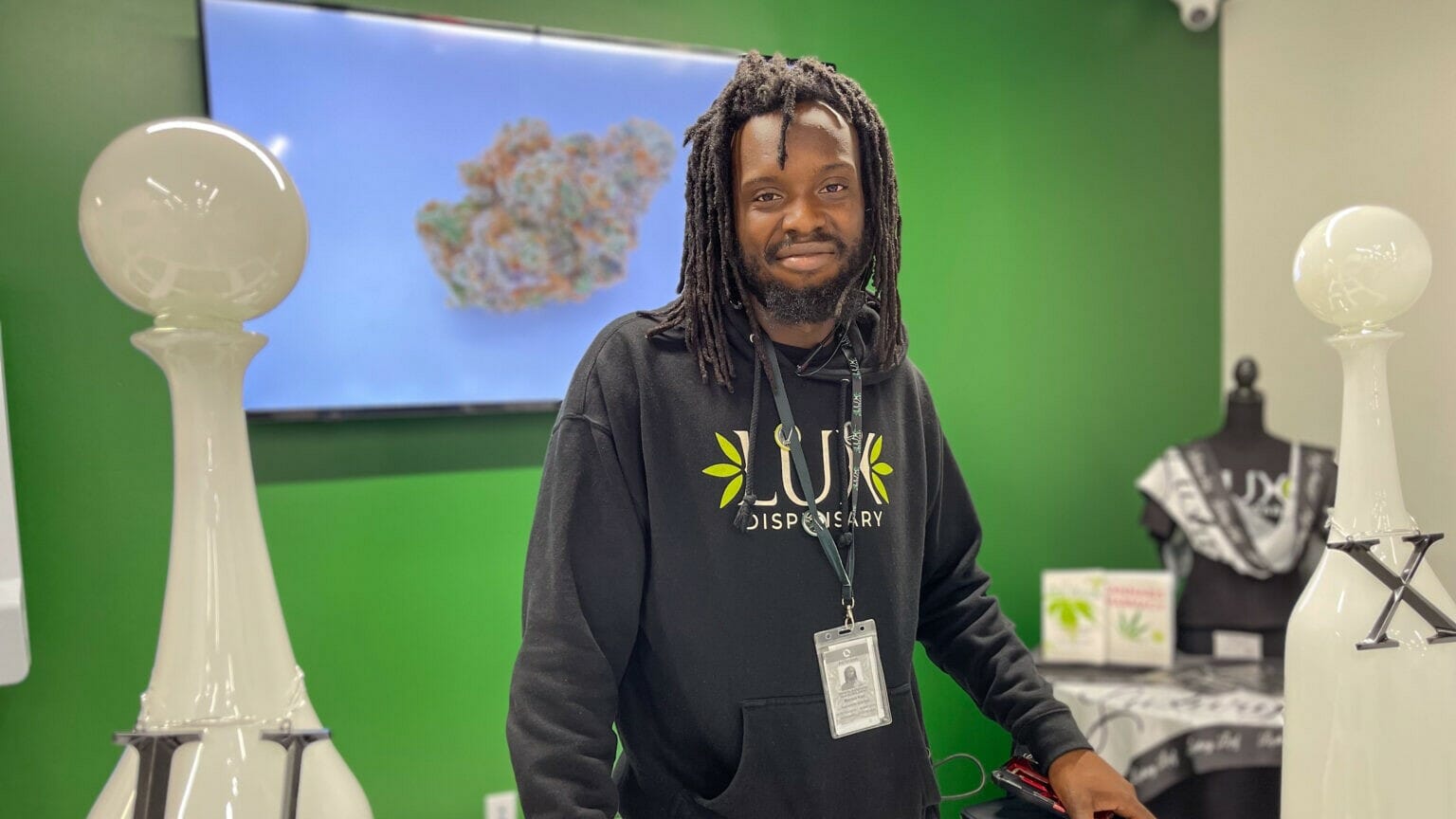 Marcus Kerr, a budtender and specialist at Luxury Leaf dispensary in St. Louis.