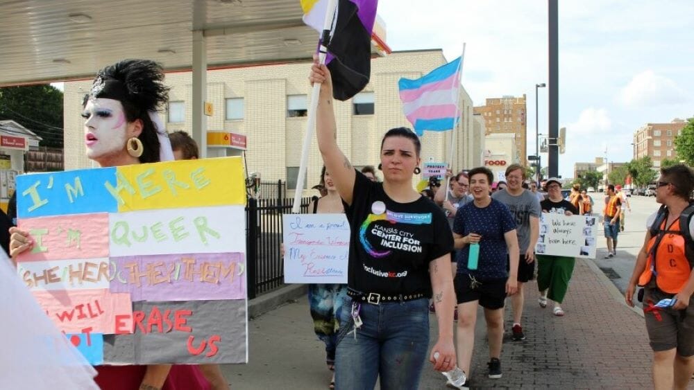 Dozens marched down Broadway for Kansas City's first trans pride march in June 2019.