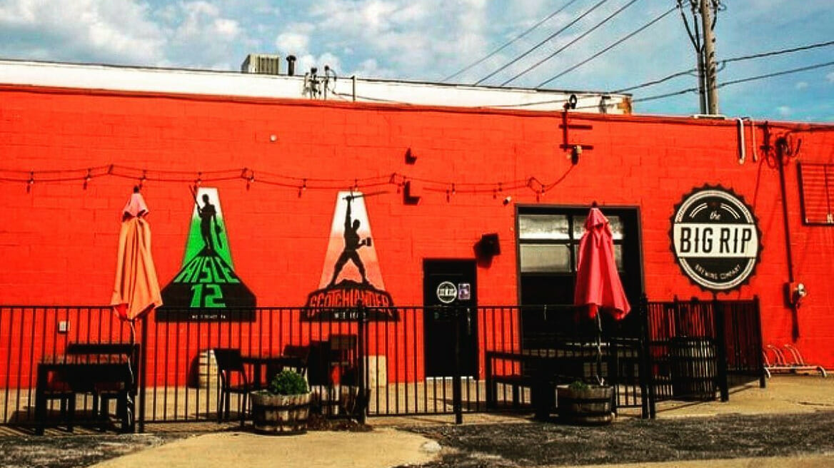Exterior of the red concrete building that is the home of Big Rip Brewing Co. in North Kansas City.