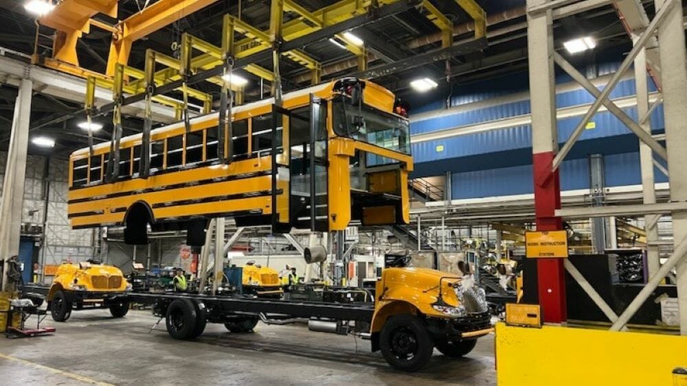 An electric school bus being assembled at IC Bus in Tulsa.