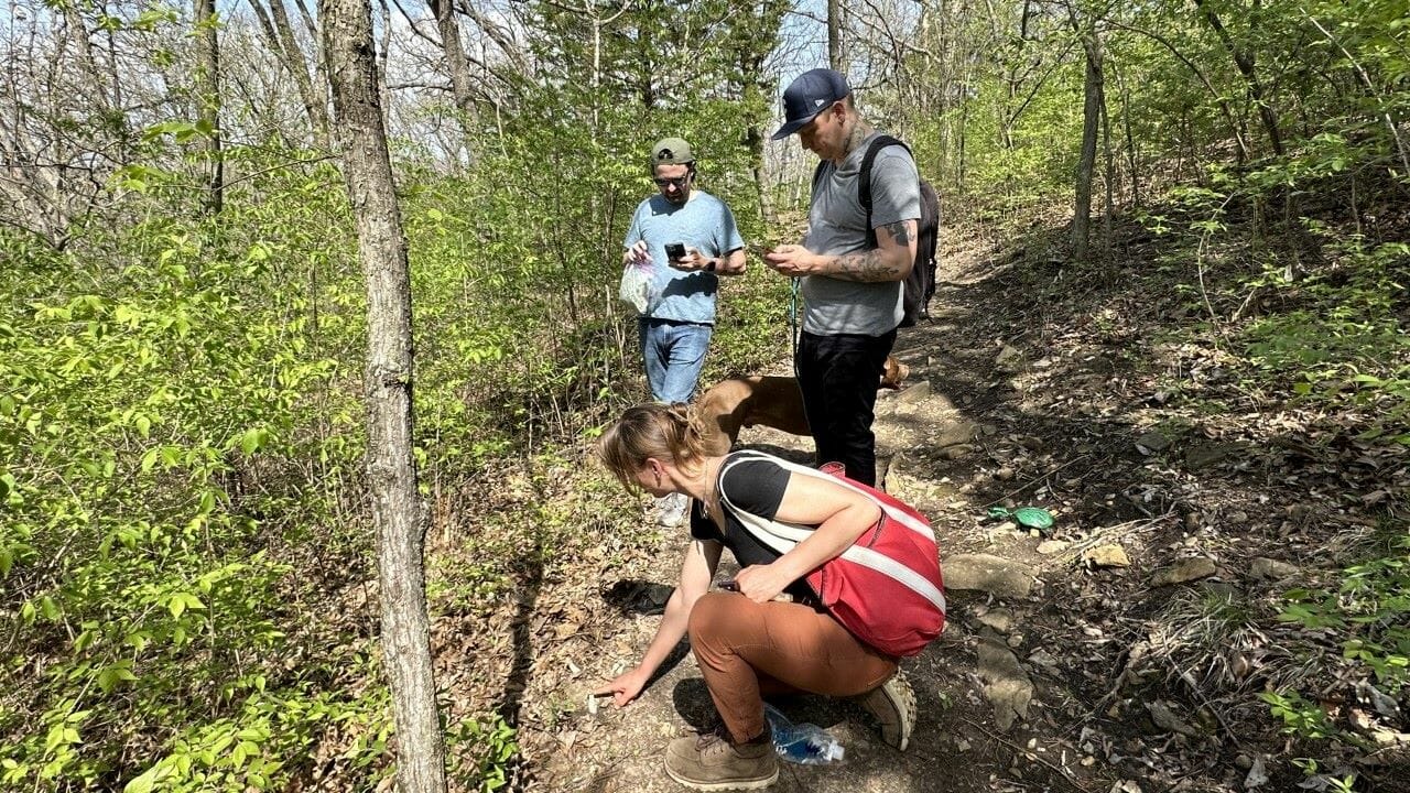 Jay Sanders of Drastic Measures in Shawnee, Rick Mullins of Redbud Kansas City and Raney Yelenich, an amateur mycologist, head into the woods to forage for cocktail ingredients.
