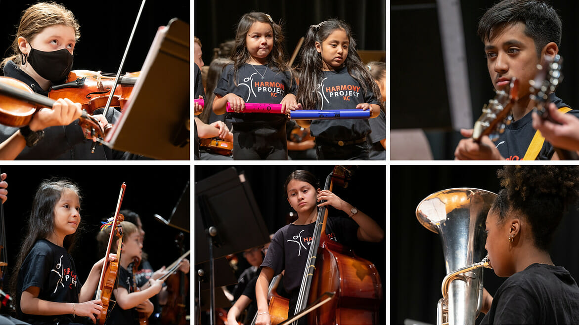 A collage of six photos of children in Harmony Project KC playing instruments.