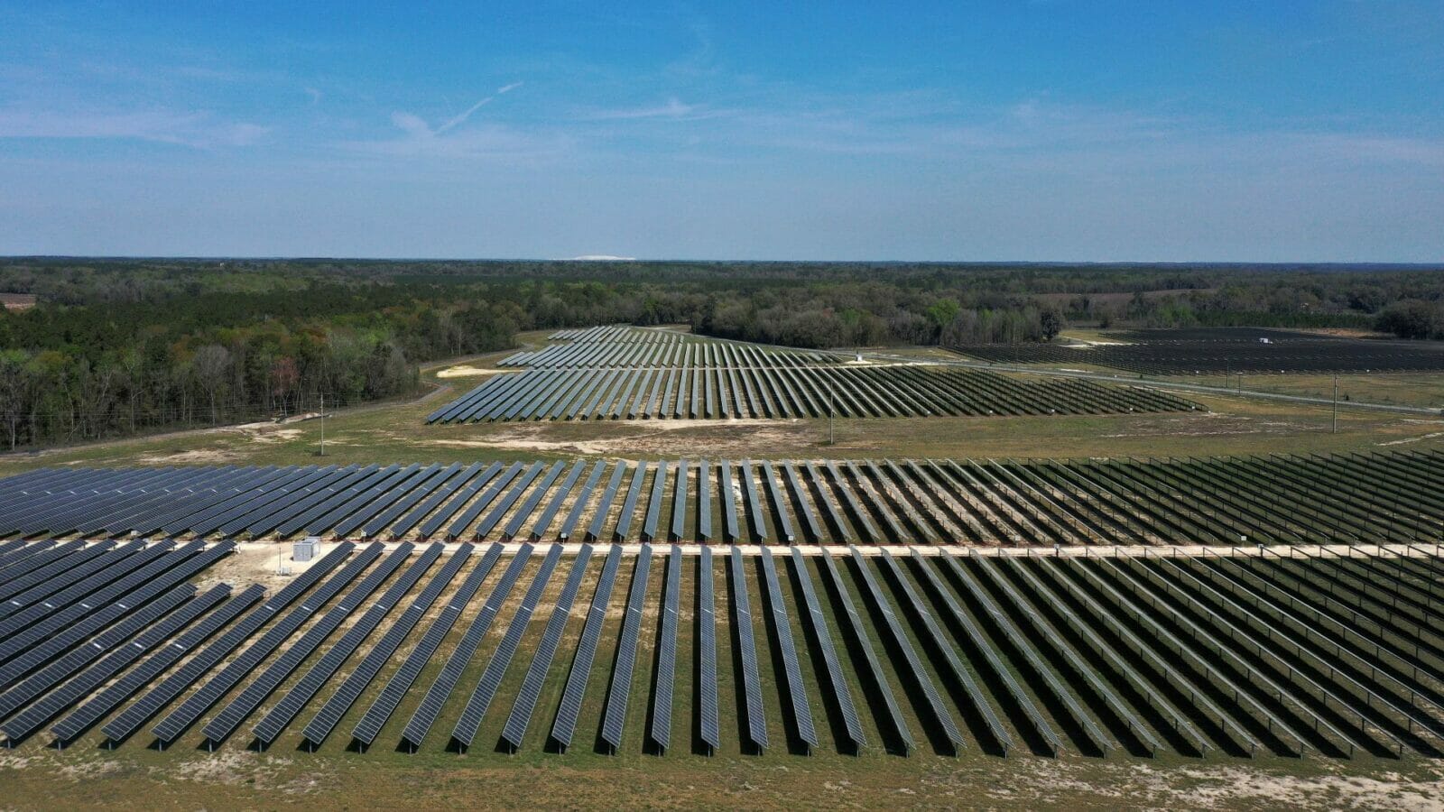 An aerial view of the Florida Power & Light Echo River Solar Energy Center in Wellborn, Florida.