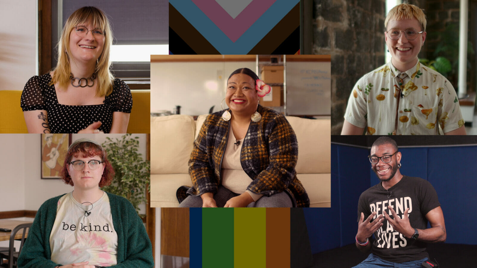A collage of five people, with a transgender flag and a pride flag.