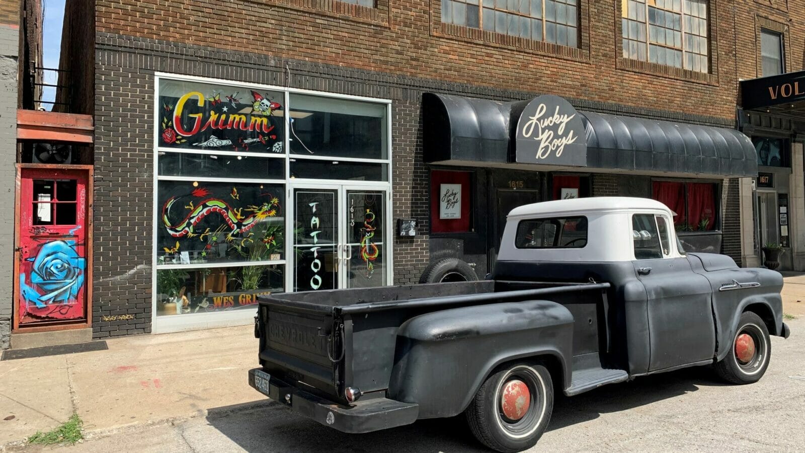 The front entrance of Grimm Tattoo in the West Bottoms.