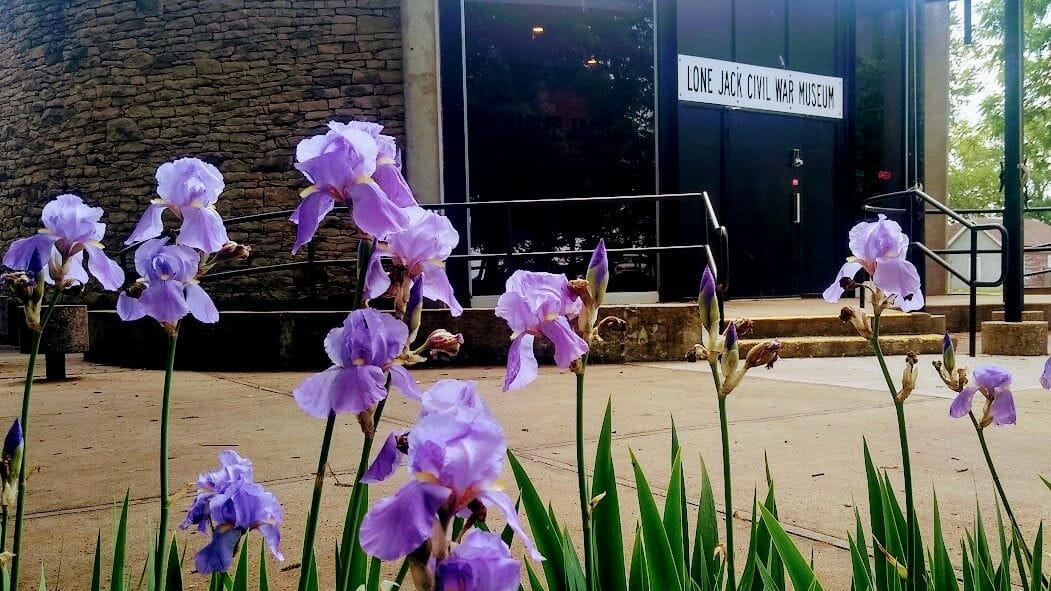 Flowers in the foreground of the Lone Jack Civil War Museum.