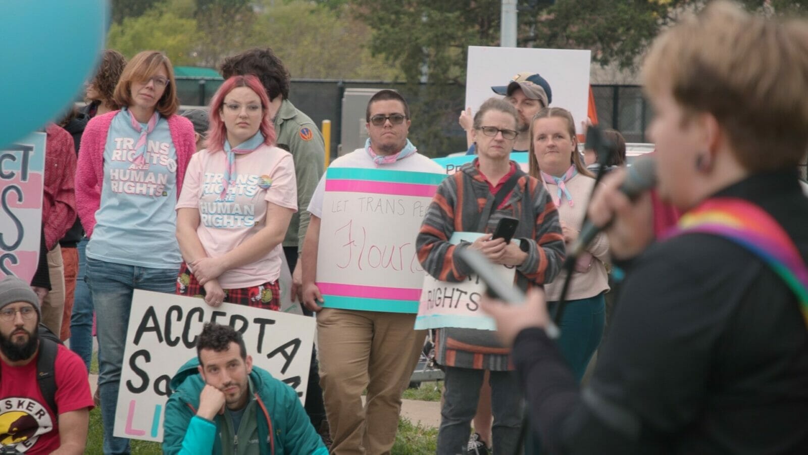 Kansas Citians protesting anti-transgender legislation in Missouri and Kansas.