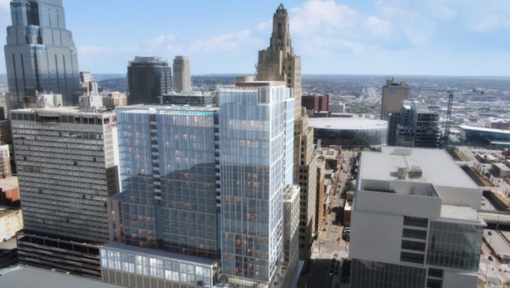 A view of the proposed Lux Living tower at 14th and Wyandotte looking east.
