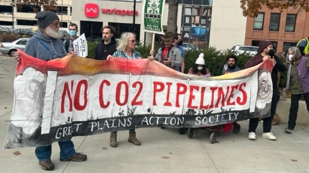 Protestors rally against carbon dioxide pipelines.