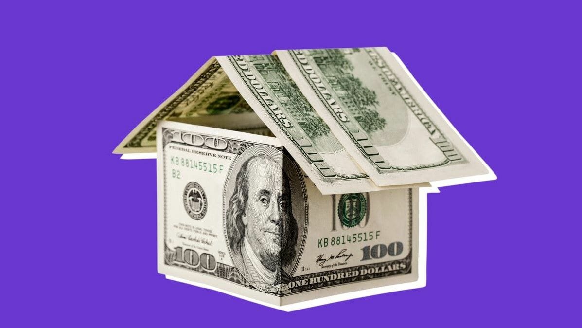 An illustration of a house made of money.