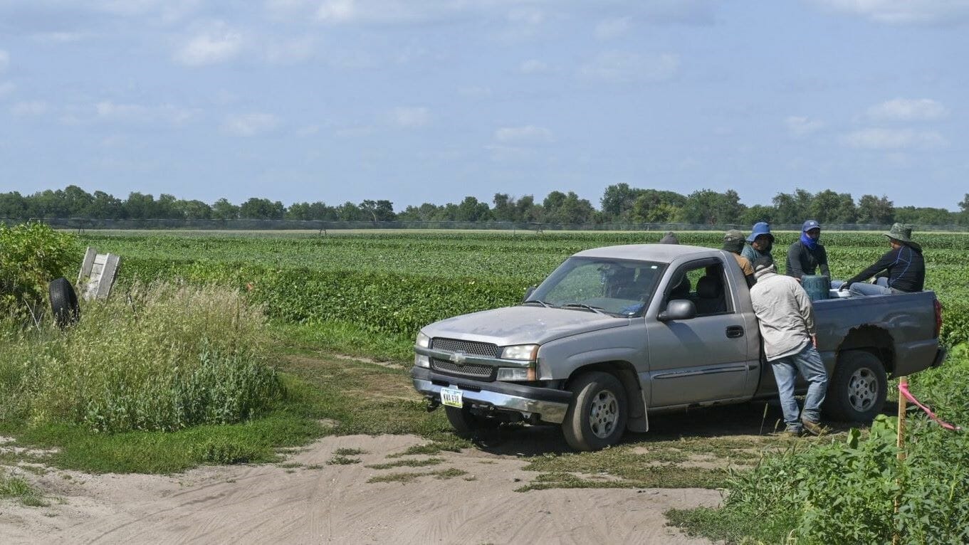 Farmworkers take a quick break in a field in southeastern Iowa.