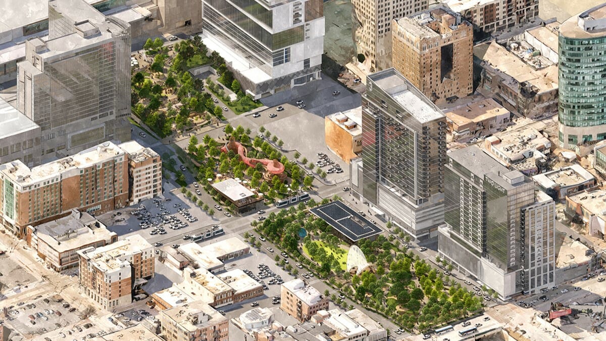 A new rendering of the proposed South Loop Link park that would cover a four-block stretch of I-670 from Wyandotte to Grand was presented at a briefing this week. This is the eastern superblock option that would close Walnut Street.