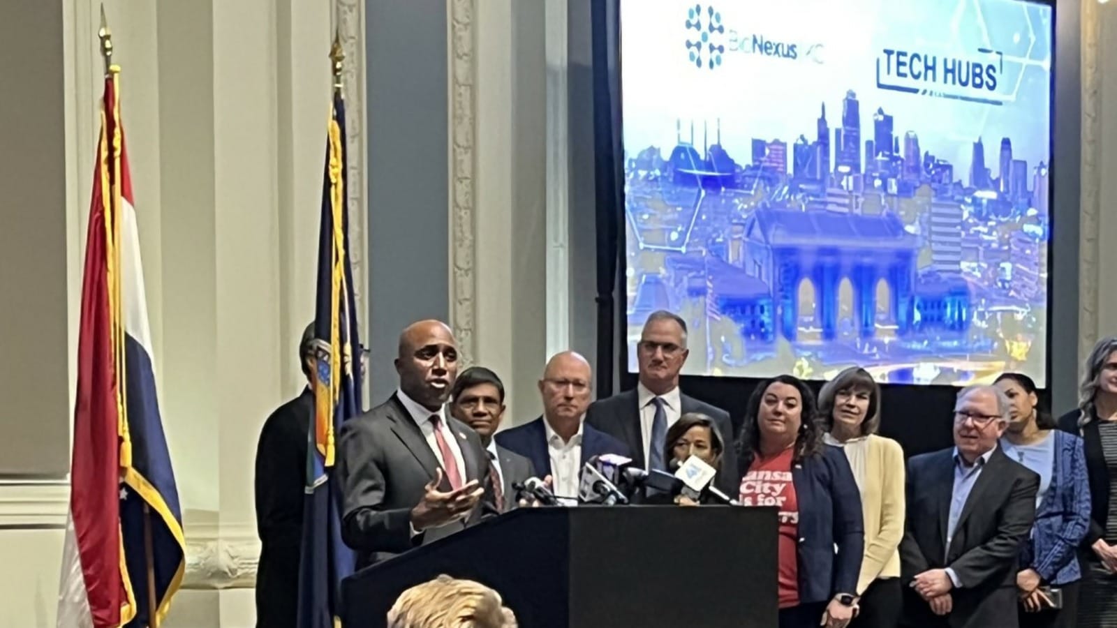 Kansas City Mayor Quinton Lucas speaks at Union Station in Kansas City during a ceremonial Tech Hubs announcement.