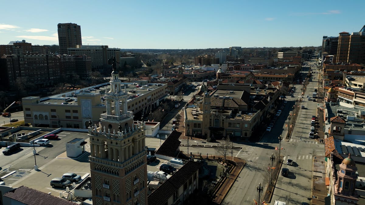 A bird's eye view of the Country Club Plaza on a clear day.