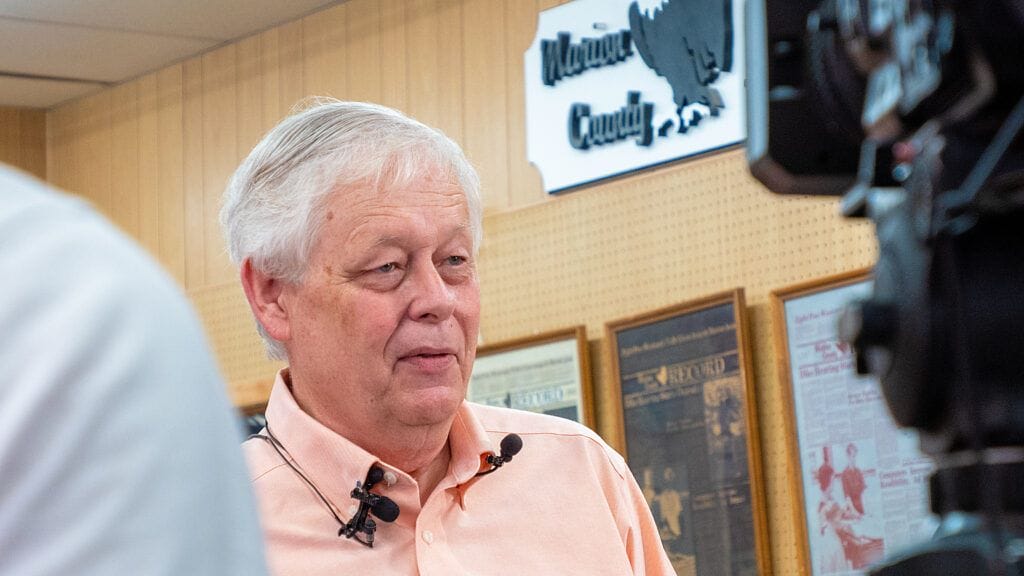 Marion County Record publisher Eric Meyer talks to reporters during an Aug. 16, 2023, news conference in his newsroom.