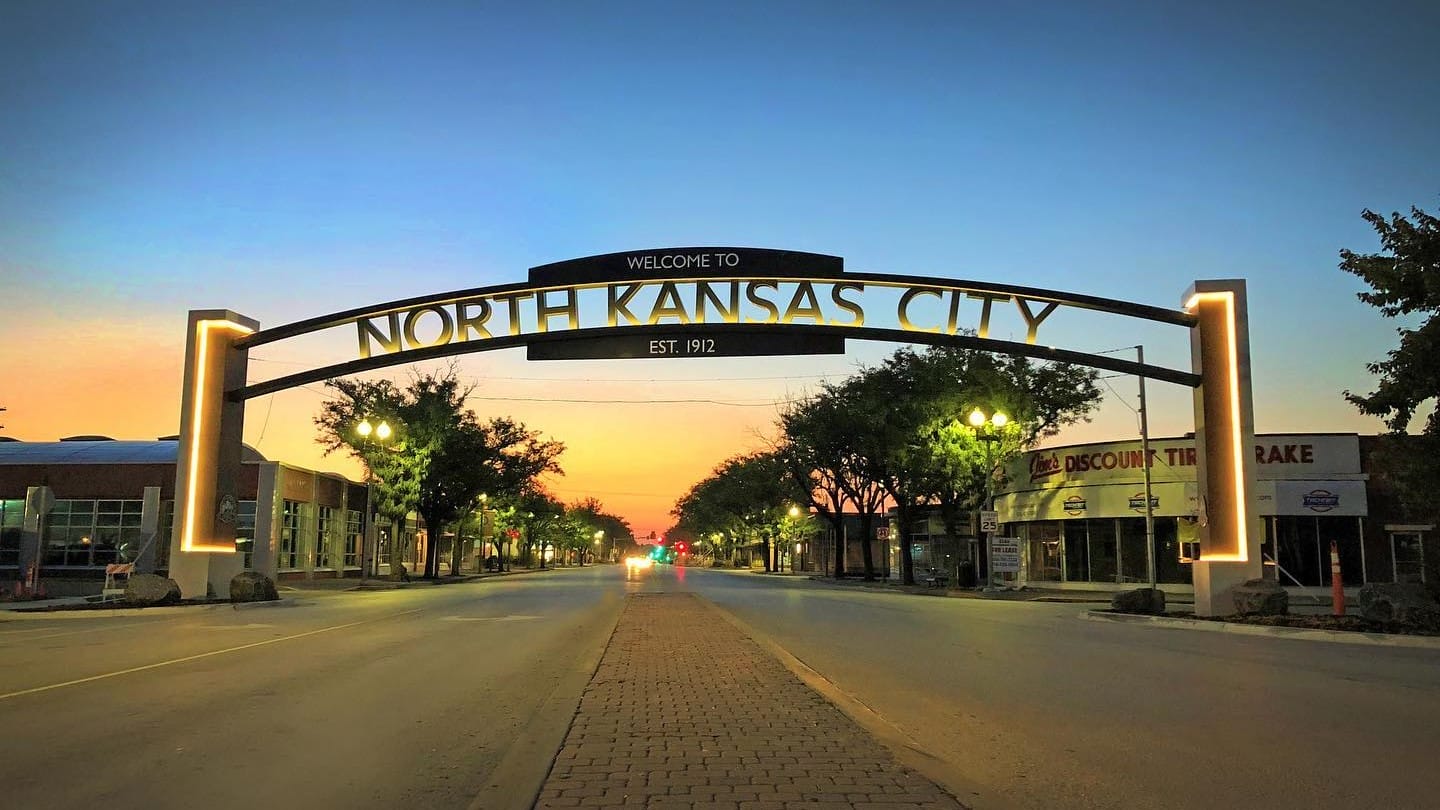 North Kansas City monument sign at sunrise.