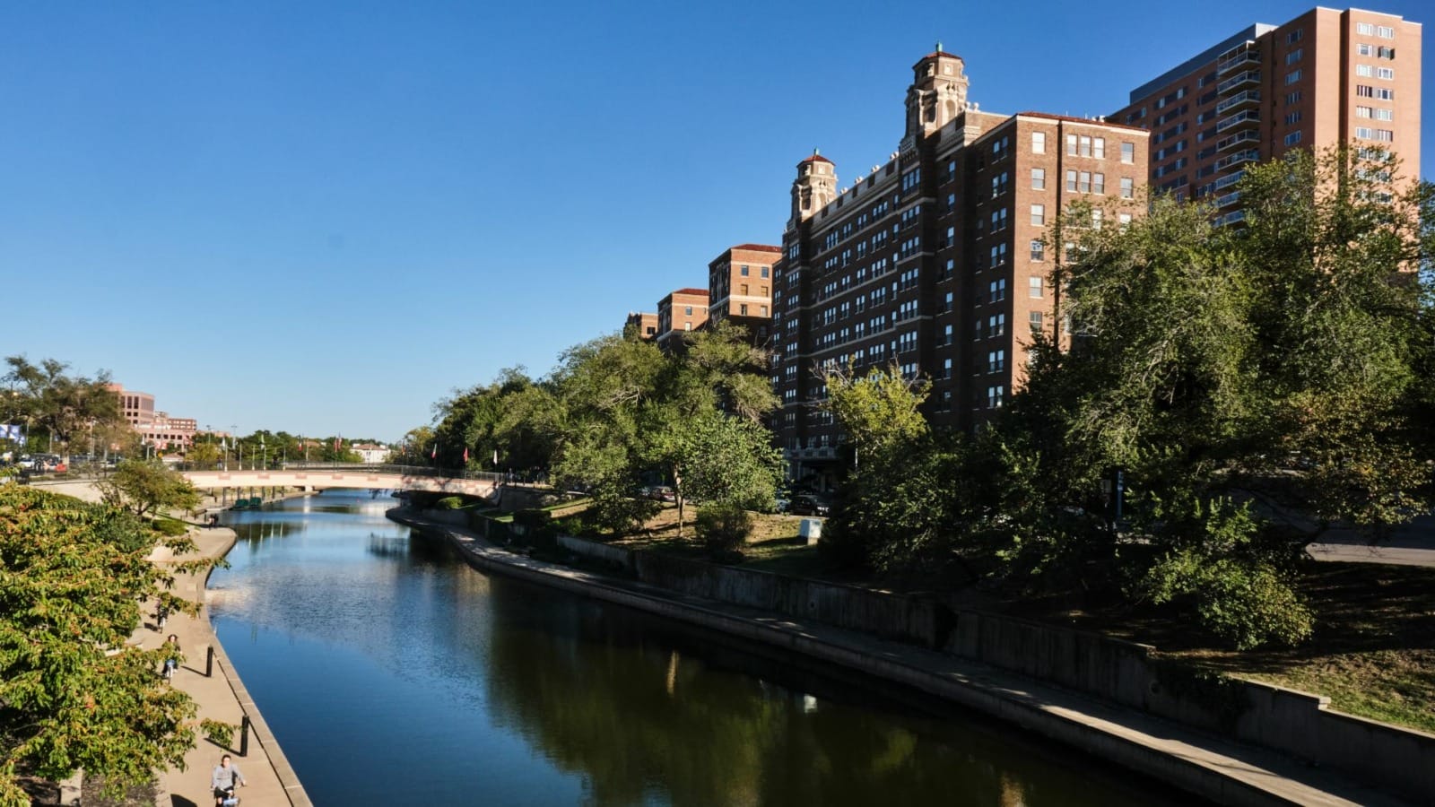 Historic high-rise apartments along the south side of Brush Creek next to the Country Club Plaza.