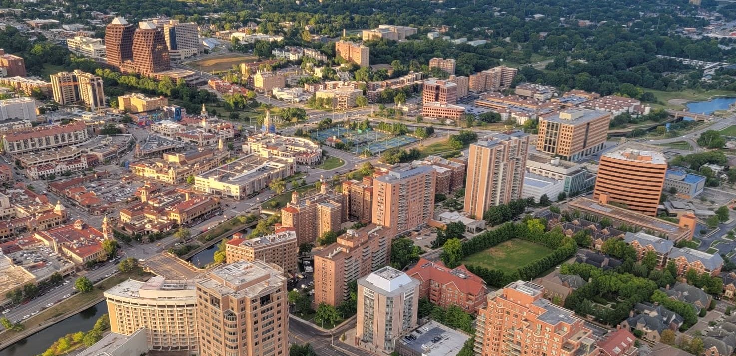 An aerial view of the Country Club Plaza area.