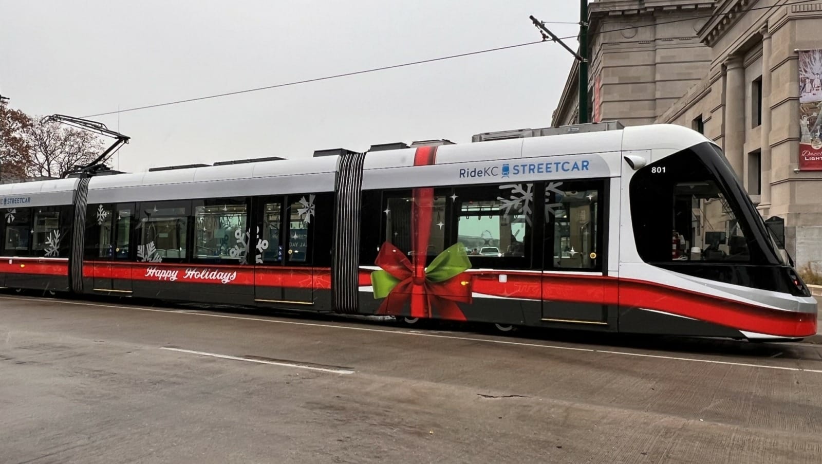 The KC Streetcar with a holiday wrap on it.