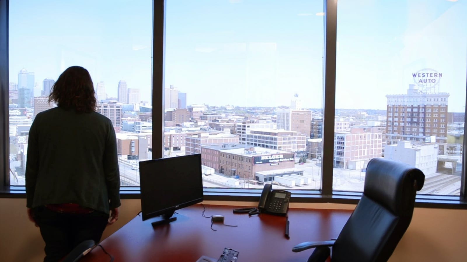 A view of the Crossroads and the downtown skyline from a nearby office.