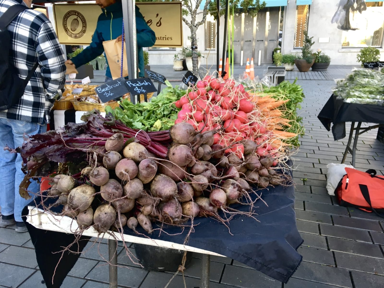 Root vegetables bundled and laid out on a table at a farmers market.