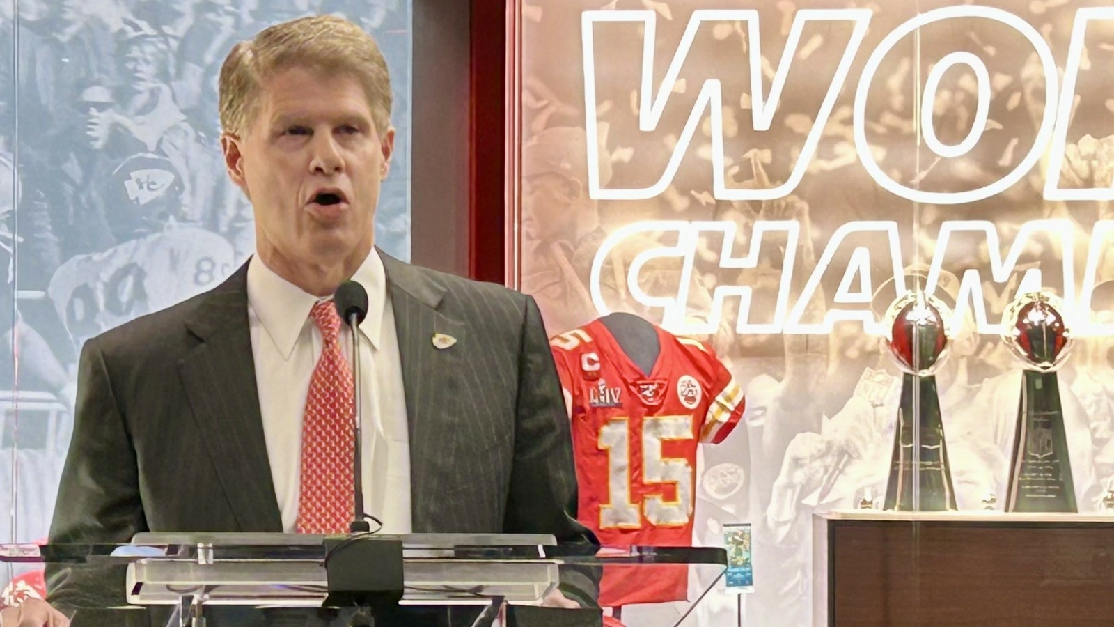 Kansas City Chiefs owner Clark Hunt speaks at a press conference about Arrowhead Stadium renovations.