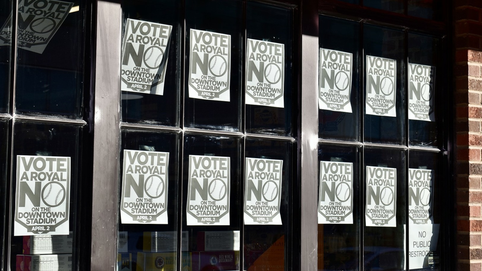 “Vote No” signs stuck in the windows on The Pairing in the East Crossroads.
