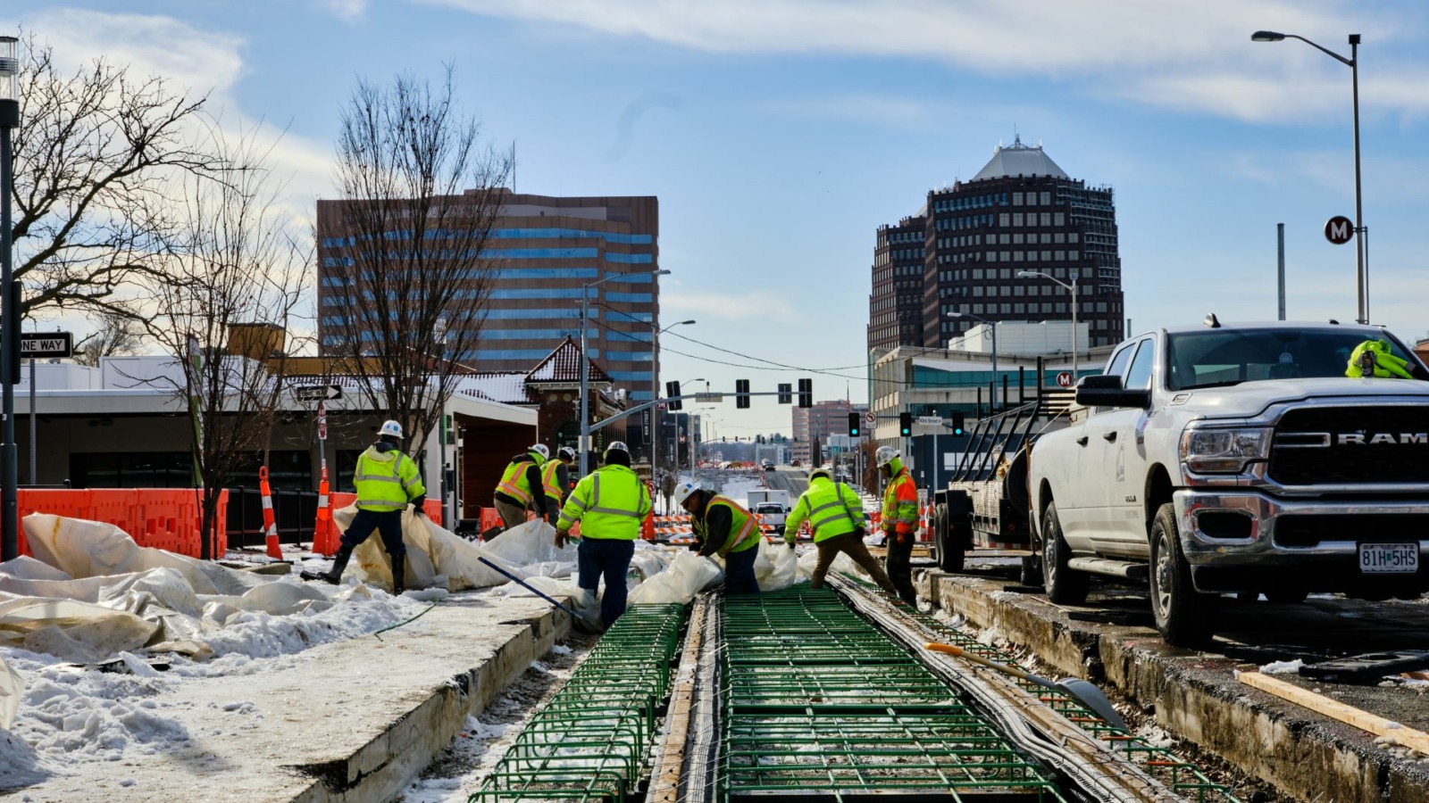 A view of work on a streetcar extension looking south from about 43rd and Main streets.
