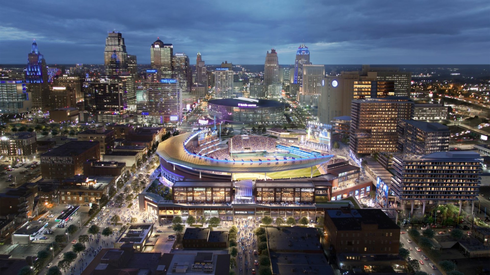 A view looking north from the proposed Kansas City Royals stadium with the downtown skyline in the background.