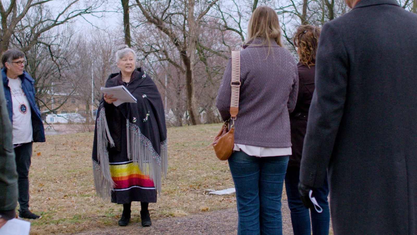 Judith Manthe, principal chief of the Wyandot Nation of Kansas, speaks to a group at the Huron Indian Cemetery in downtown Kansas City, Kansas.