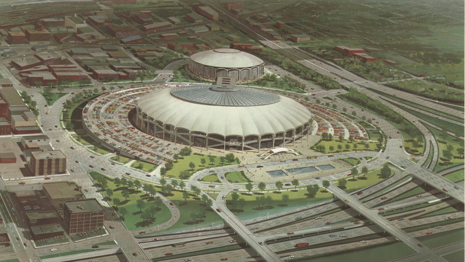 A 1960s rendering of a proposed domed downtown stadium in the Crossroads District of Kansas City.