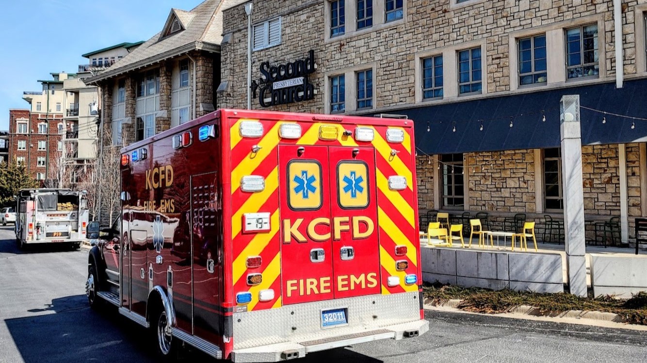A Kansas City Fire Department truck parked outside of Second Presbyterian Church in Brookside.