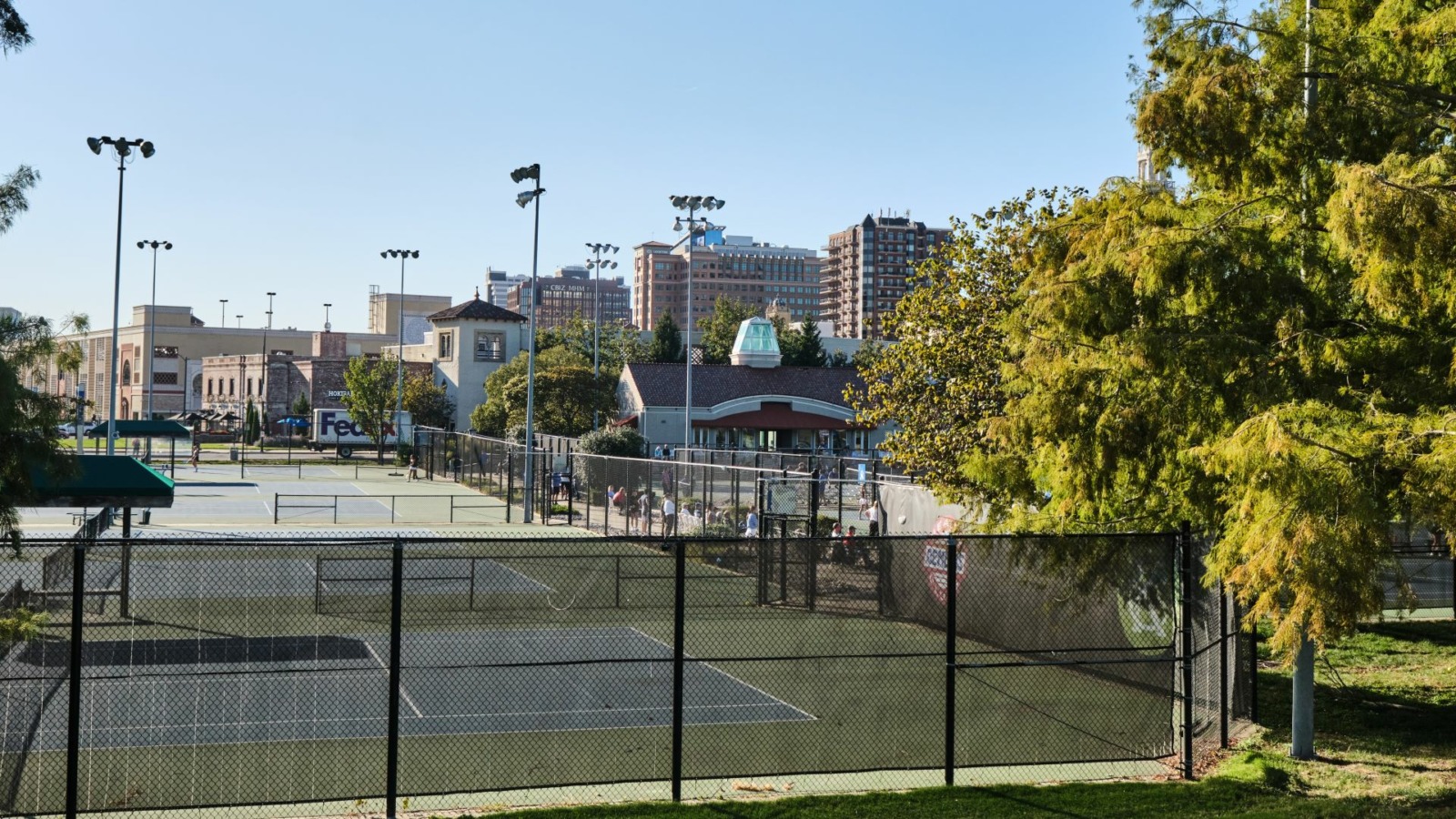 A southerly view of the Plaza Tennis Center at the eastern edge of the Country Club Plaza.