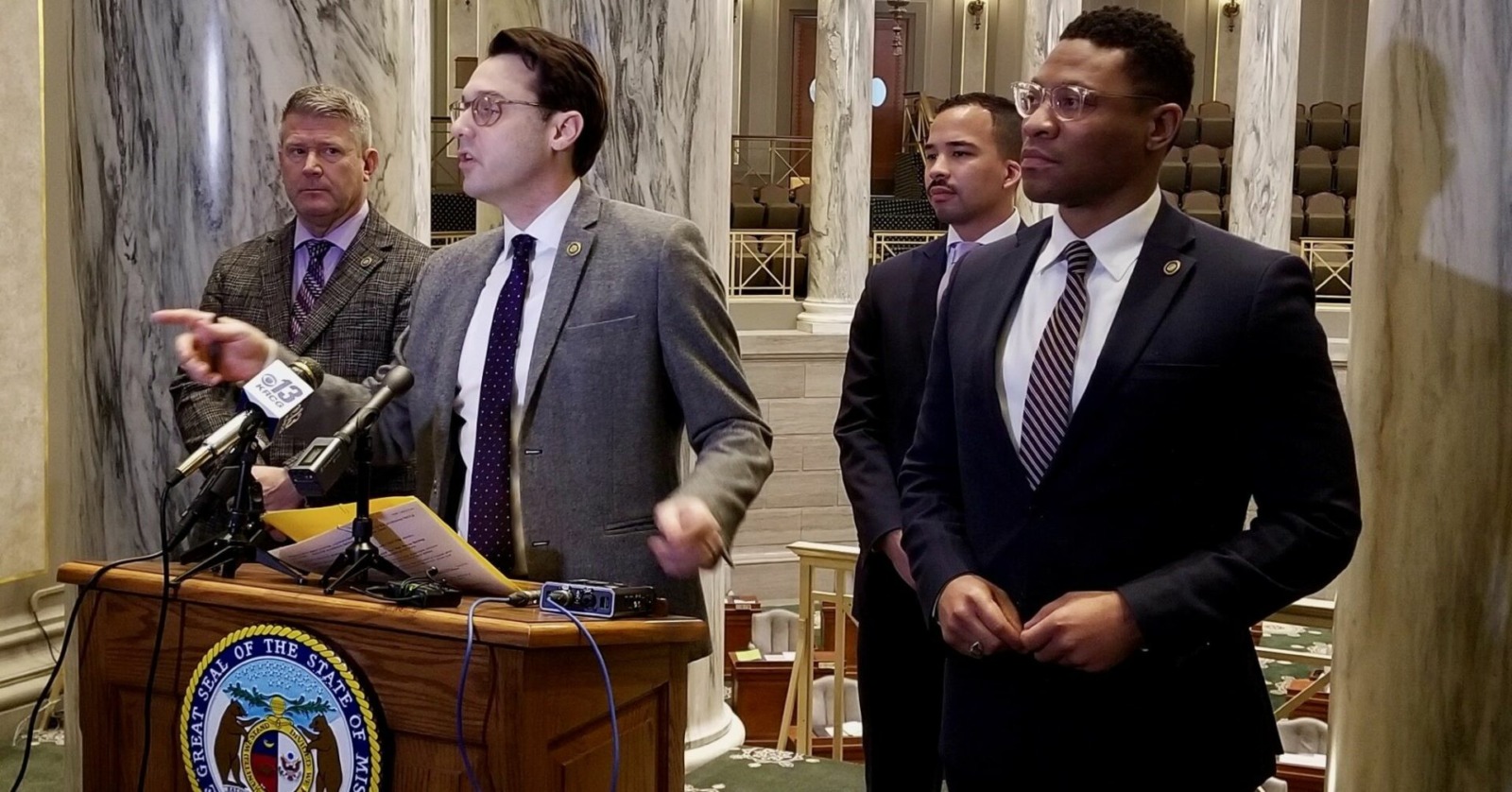Senate Minority Leader John Rizzo, D-Independence, speaks Thursday at a weekly leadership news conference with (from left) Sens. Doug Beck, D-Affton, Steve Roberts, D-St. Louis, and Brian Williams, D-University City.