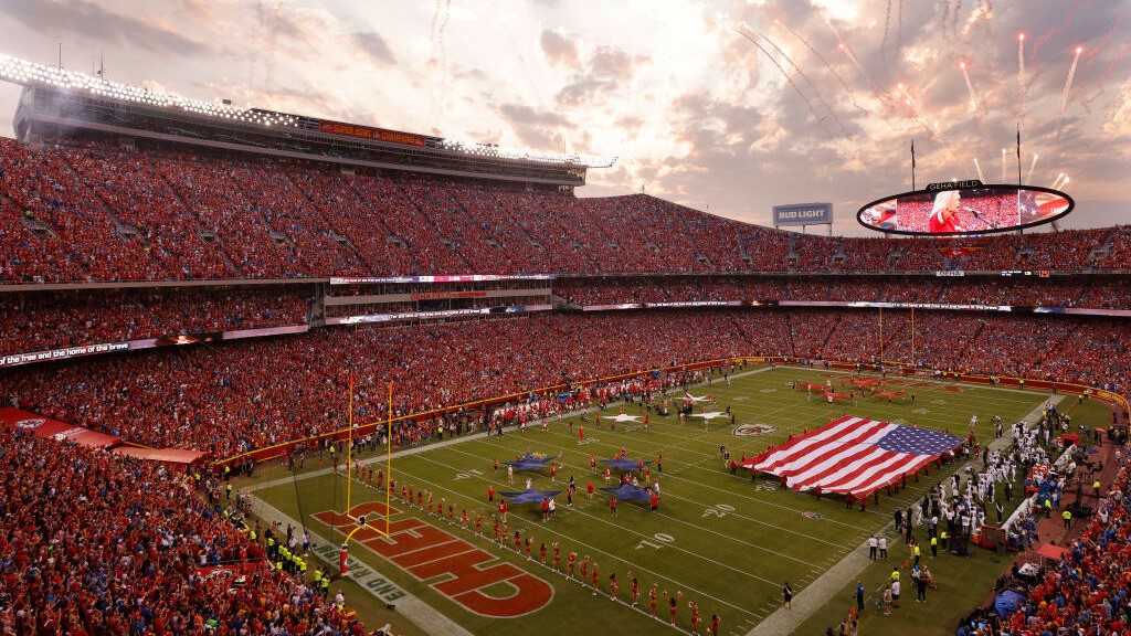 Fireworks go off before a game at GEHA Field at Arrowhead Stadium in Kansas City.