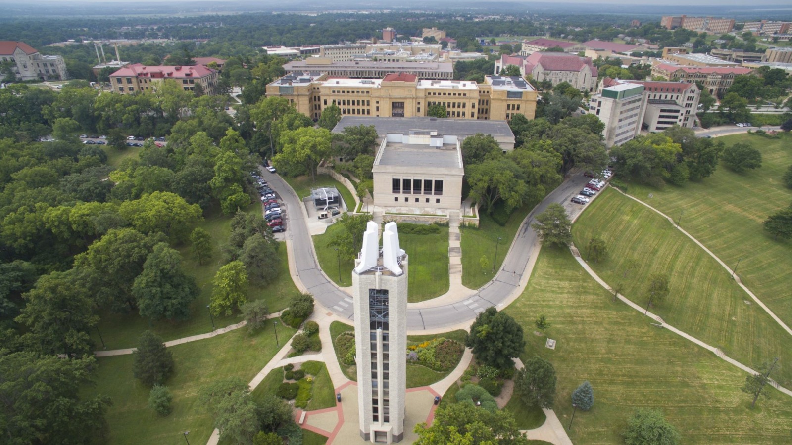 An aerial photo shows the University of Kansas in Lawrence, Kansas.
