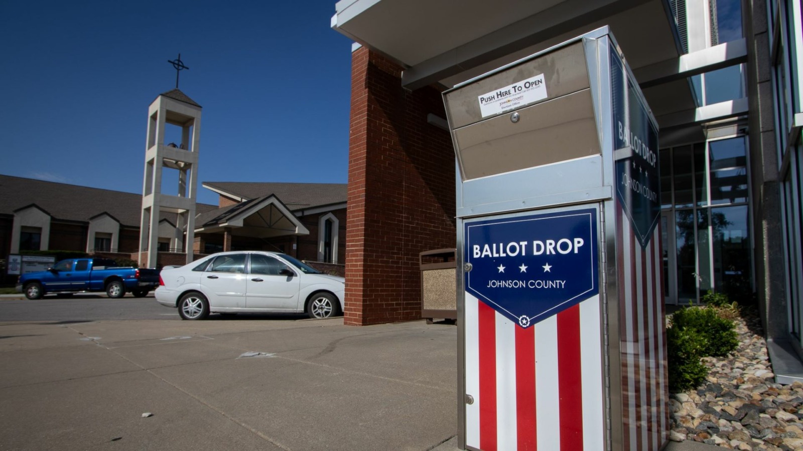 A Johnson County ballot drop box outside the Gardner branch of the Johnson County Public Library.