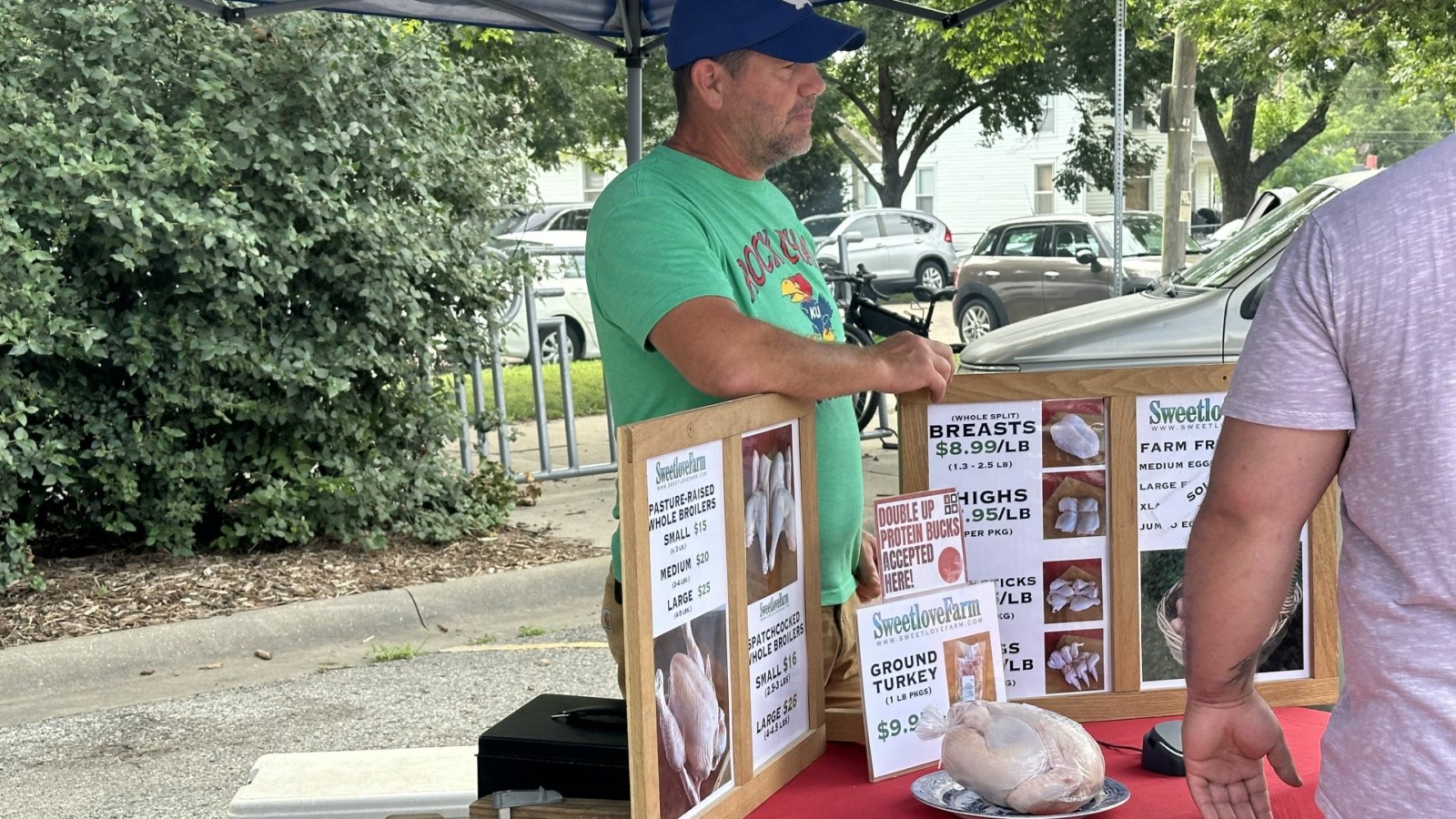 A man stands behind a table with several signs displaying photos and prices of cuts of chicken. In the center, he has a sign that reads "Double Up Protein Bucks Accepted Here!"