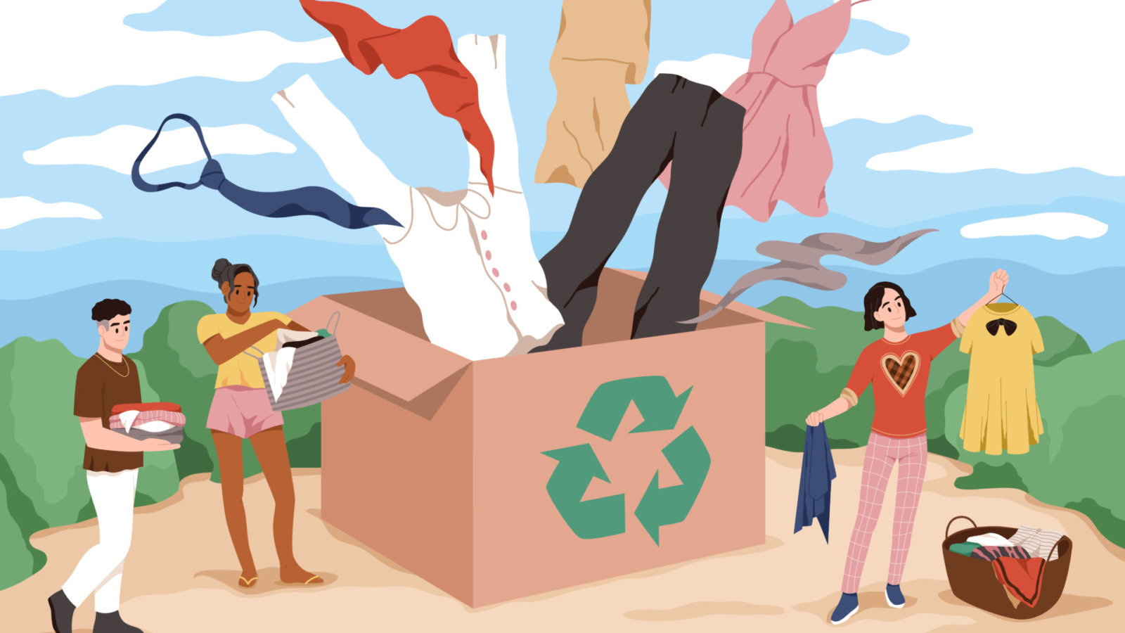 A colorful illustration to visualize 'Buy Nothing' groups that includes several people holding items of clothing in their hands. In the middle of the image is a large box with a recycling symbol on it and items flowing out of the top.