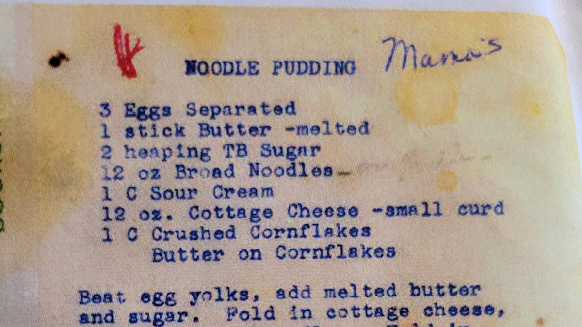 An old printed recipe for Noodle Pudding