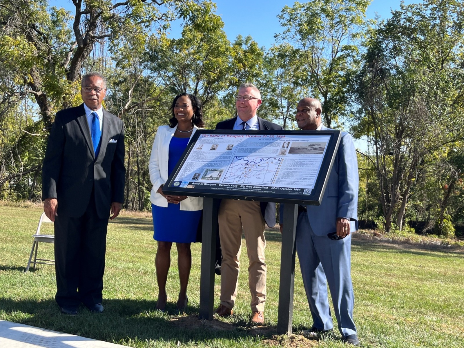 Among those dedicating new interpretation panels during an October 3 ceremony at the Byram’s Ford Battlefield near Swope Park were (from left) U.S. Rep. Emanuel Cleaver, Kansas City Mayor Pro Tem and Fifth District Council Member Ryana Parks-Shaw, Kansas City Parks and Recreation Director Chris Cotten, and Fifth District at Large City Council member Darrell Curls.