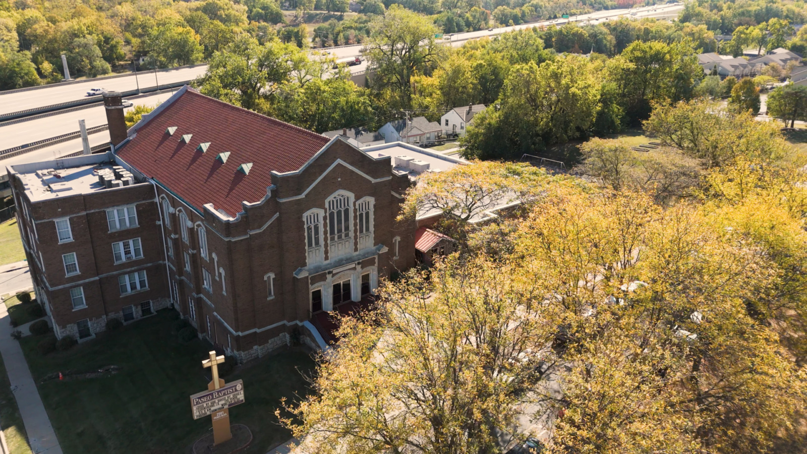 Bruce R. Watkins Drive runs behind Paseo Baptist Church, 2501 Paseo Blvd. The church's founding pastor, Rev. D. A. Holmes, was a leading opponent of the Watkins Drive project, which severed Black neighborhoods.